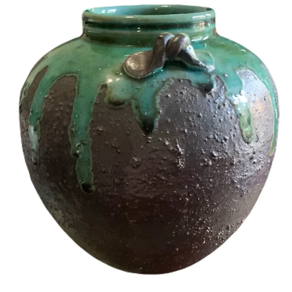 Vintage 1950s-70s Japanese Studio Pottery Drip Green Brown Lava Glaze MCM Vase